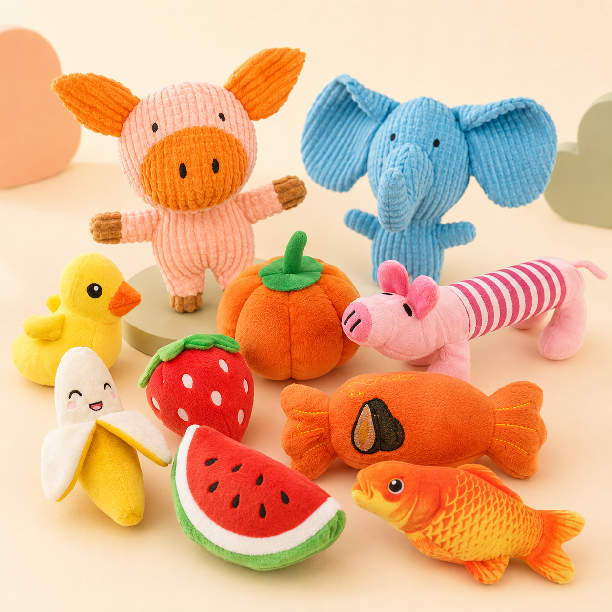 Multifruit Animal Squeaky Plush Dog Chew Toy