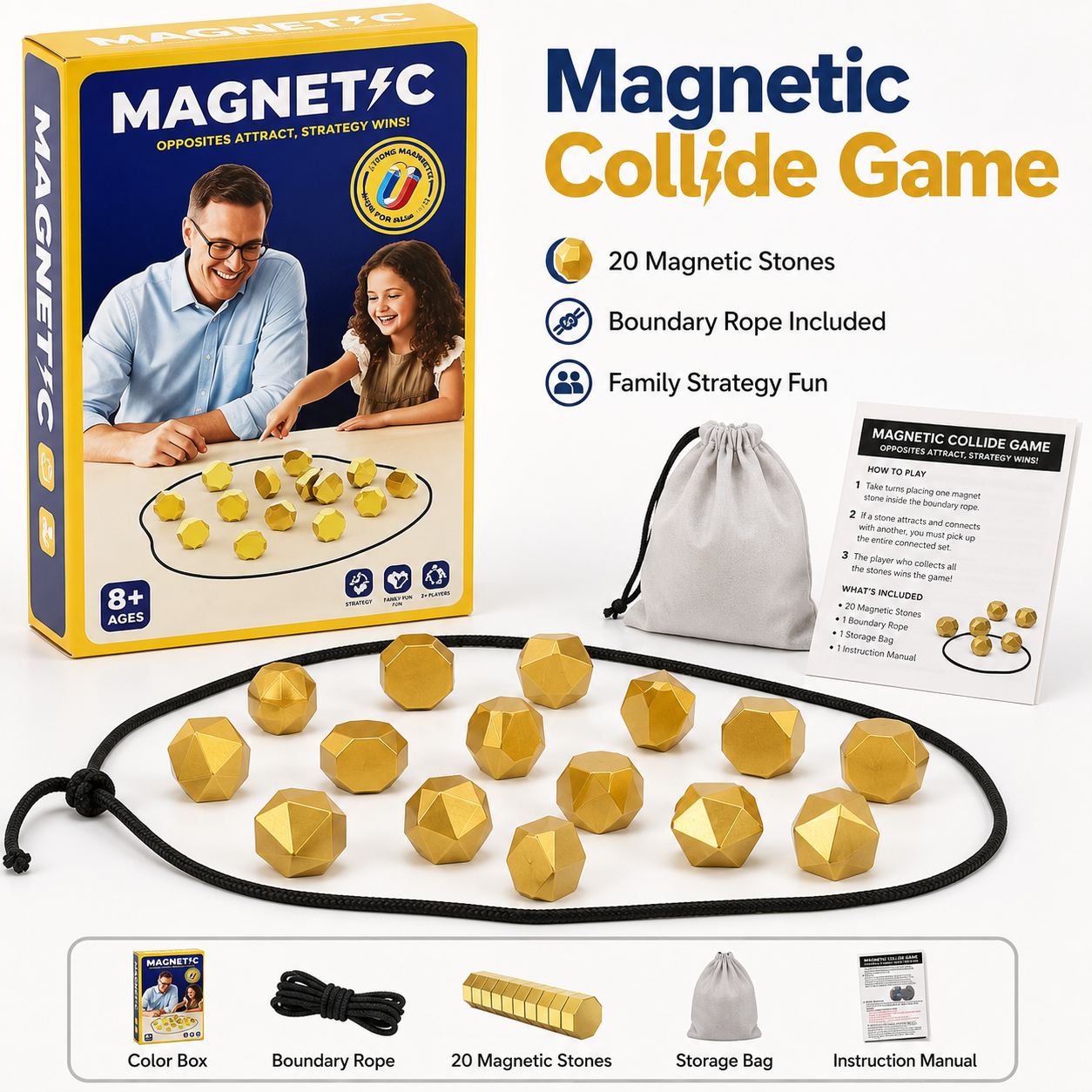 Magnetic Stones Collide Strategy Game, Family Tabletop Magnet Racing Board Game