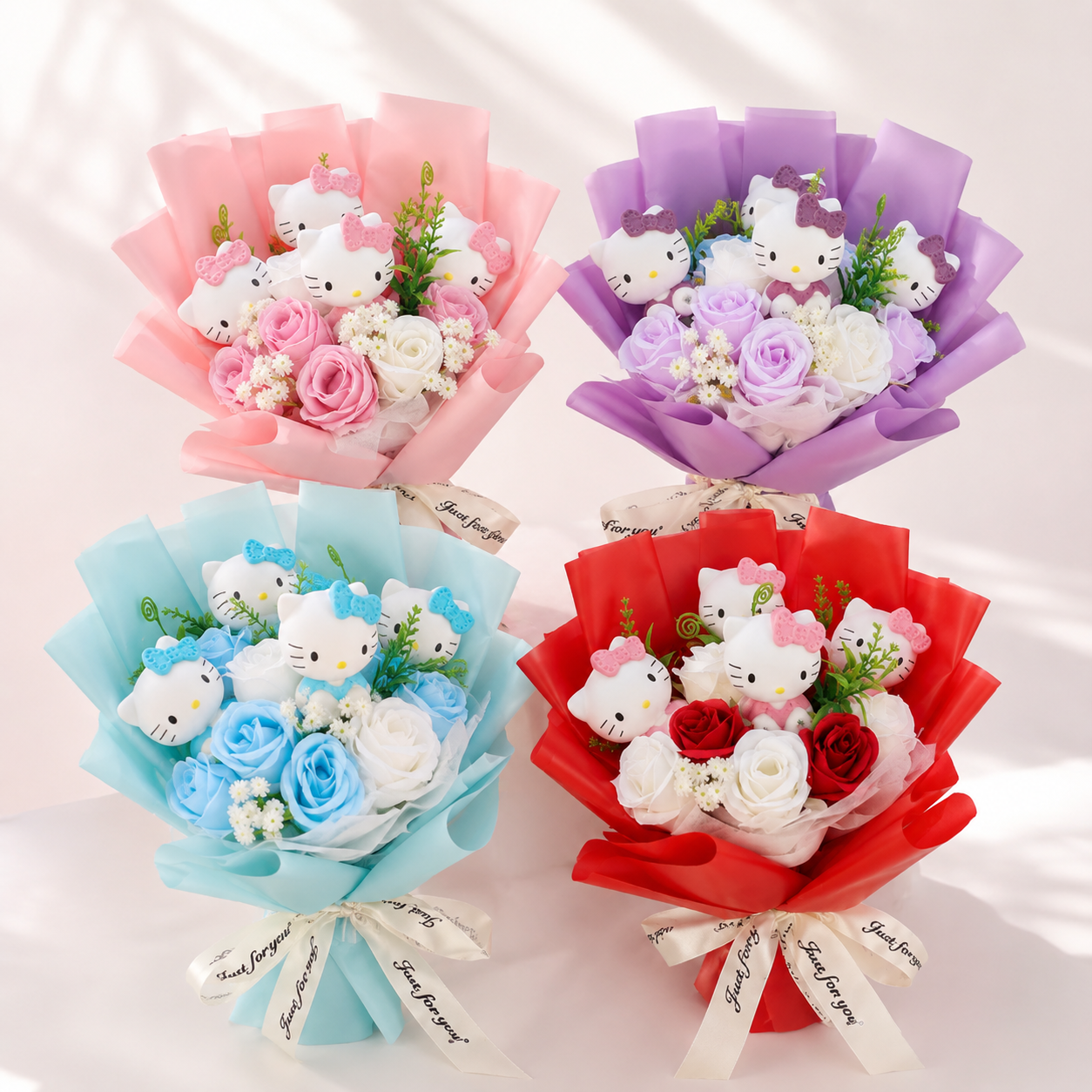 Cute Kitty Doll Soap Rose Bouquet, Eternal Artificial Flower Hand Bouquet Gift for Girls