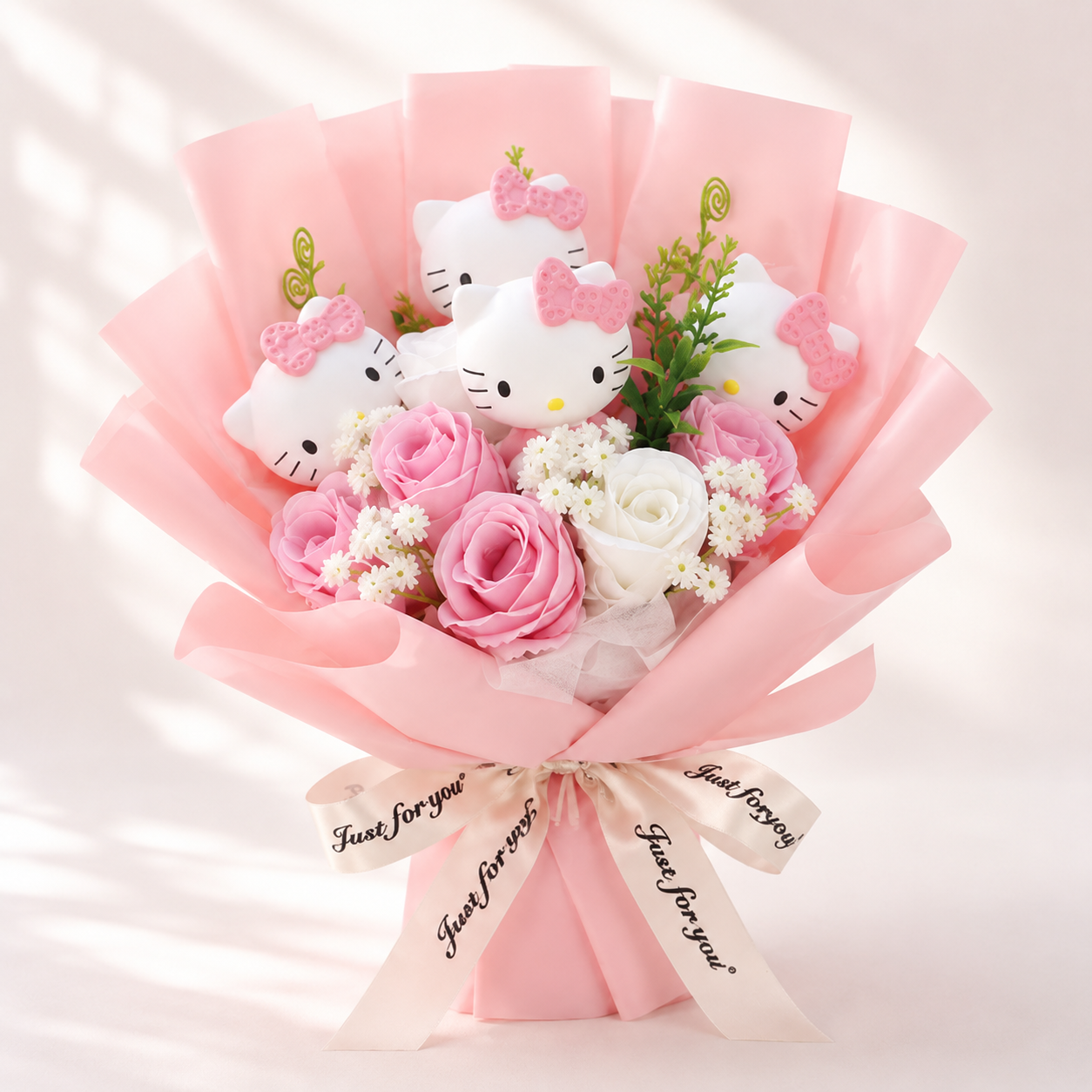 Cute Kitty Doll Soap Rose Bouquet, Eternal Artificial Flower Hand Bouquet Gift for Girls