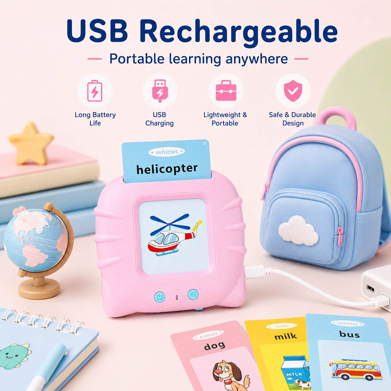 Rechargeable Kids Bilingual Flash Card Reader